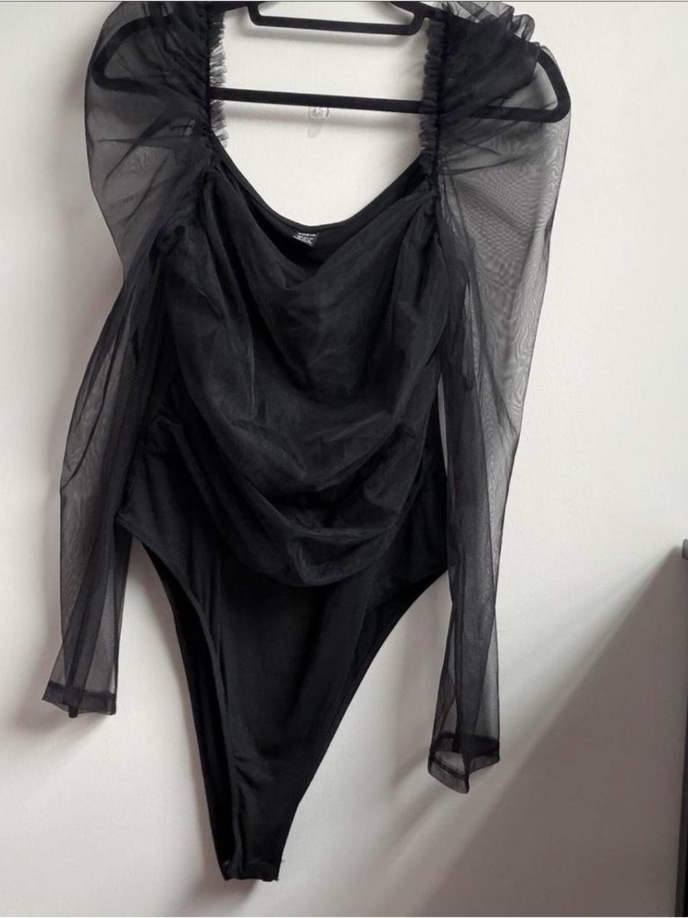 SHEIN Black Ruched Mesh Long Sleeve Bodysuit Puff Shoulder Extra Large EUC